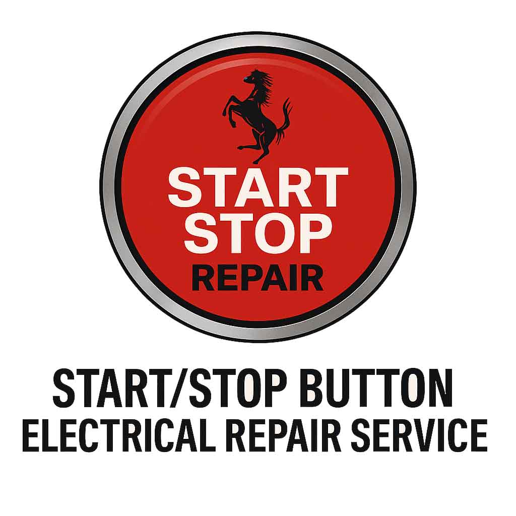 Close-up of a Ferrari steering wheel start/stop button with red glossy finish, representing professional Ferrari start/stop button electrical repair service for OEM functionality restoration.