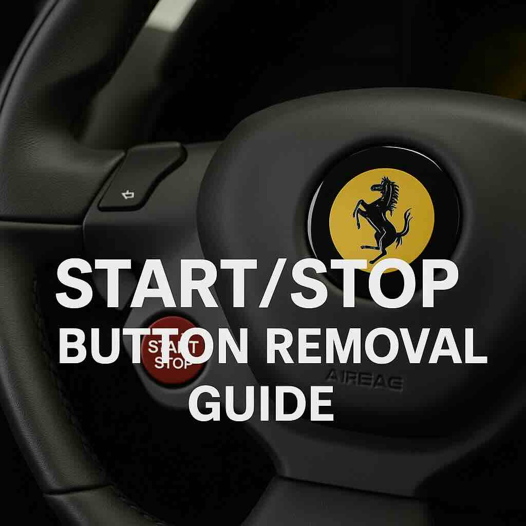 High-resolution image of a Ferrari steering wheel with yellow prancing horse logo and red start/stop button in focus, featuring centered text reading “Ferrari Start/Stop Button Removal Guide."