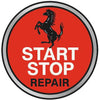 Ferrari-style start stop repair button logo featuring a red circular design with a black prancing horse and metallic border, symbolizing Ferrari steering wheel start stop switch repair services.